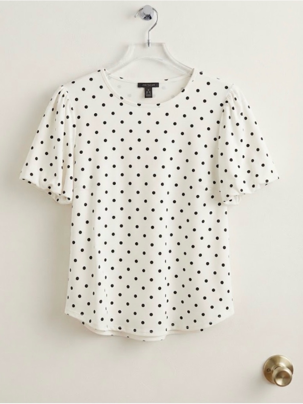 NWOT Adrianna Papell White Polka Dot Puff Sleeve Top | Size L